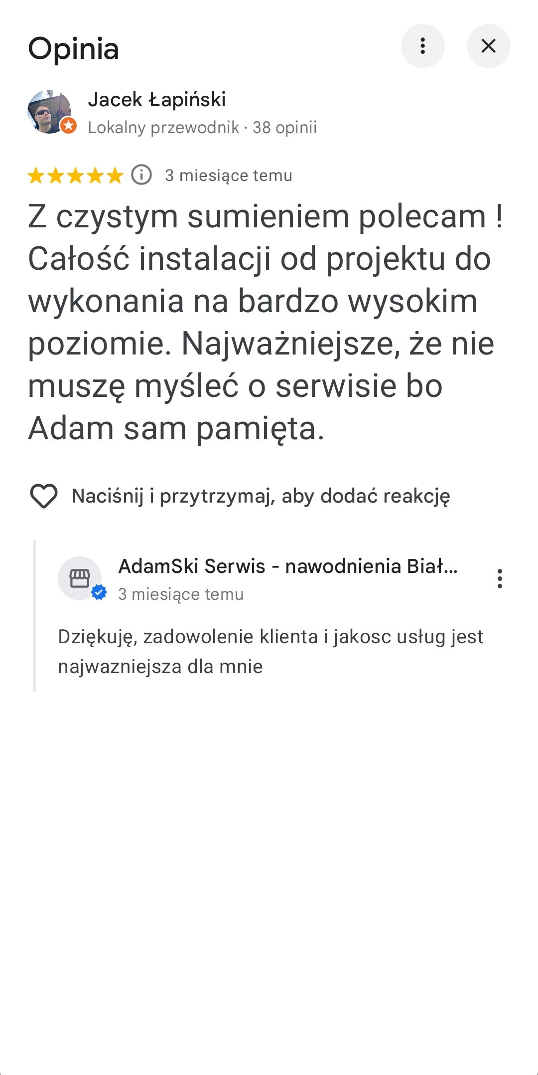 Opinia klienta o instalacji, 5 gwiazdek, z odpowiedzią firmy.