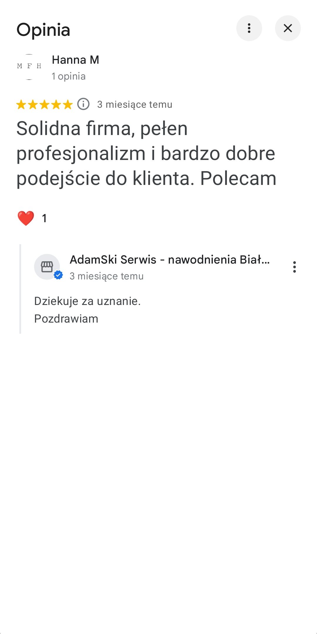 Opinia o firmie z 5 gwiazdkami, napisana przez Hannę M.