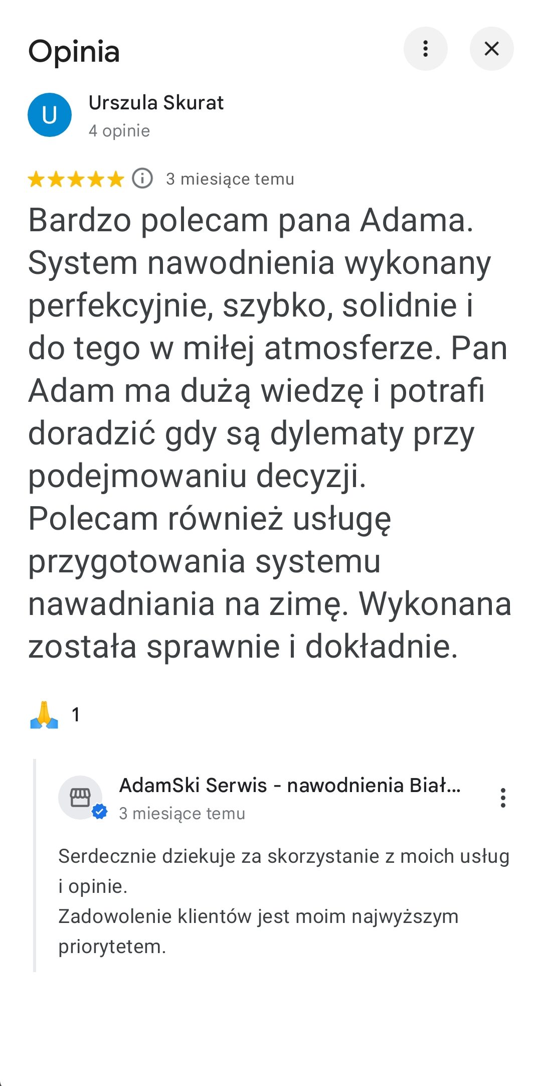 Opinia o usłudze nawadniania, 5 gwiazdek, bardzo pozytywna.